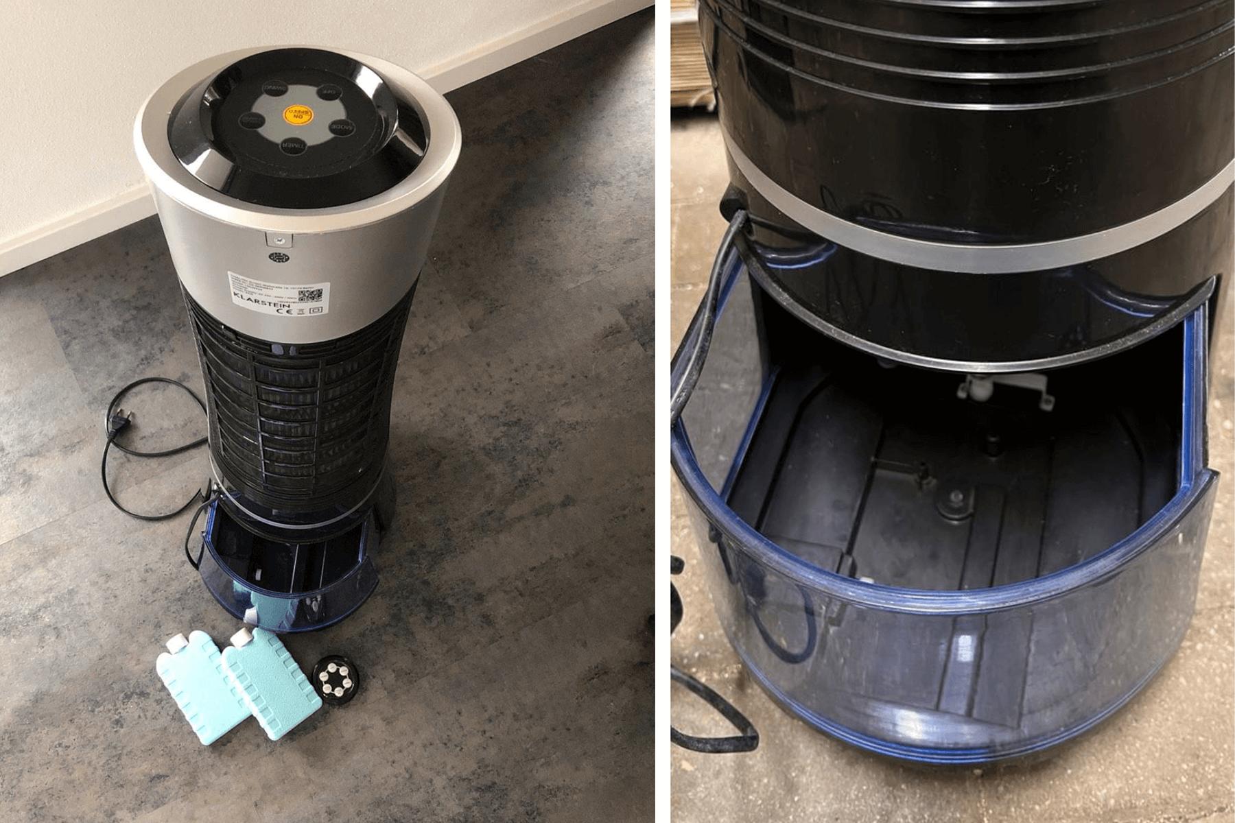 Der Wassertank und die Kühlakkus des Klarstein Skyscraper Ice Smart liegen neben dem Ventilator mit Wasserkühlung.